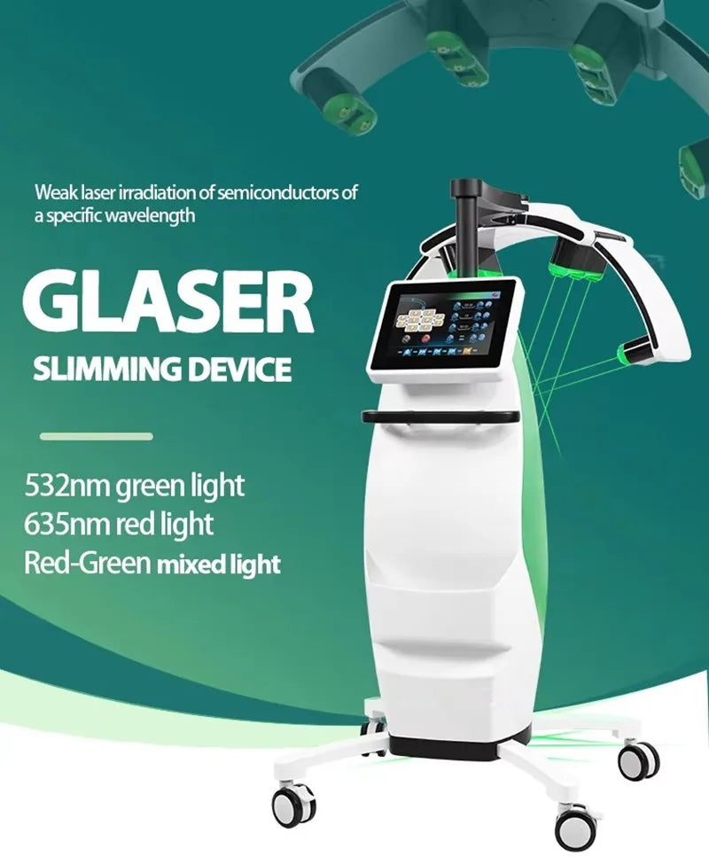 Standing LLLT slimming device with laser heads, touchscreen, and green light for painless fat removal and weight loss.