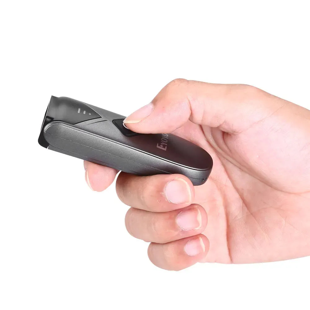 Close-up of Eyoyo handheld barcode scanner held in hand, dark gray front