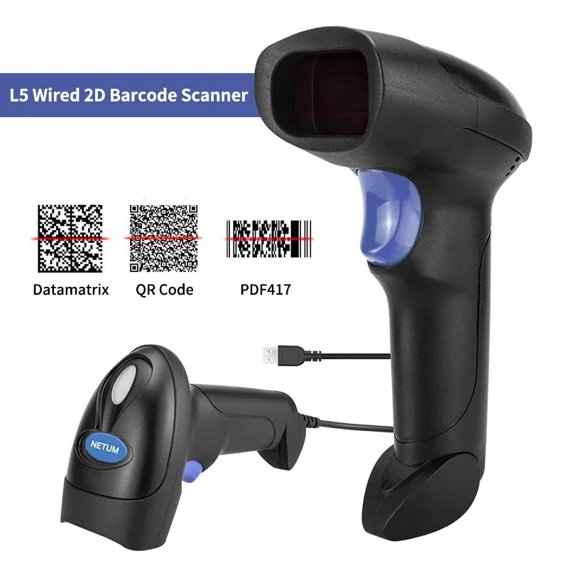 Black wired 2D barcode scanner with USB cable and scanning window