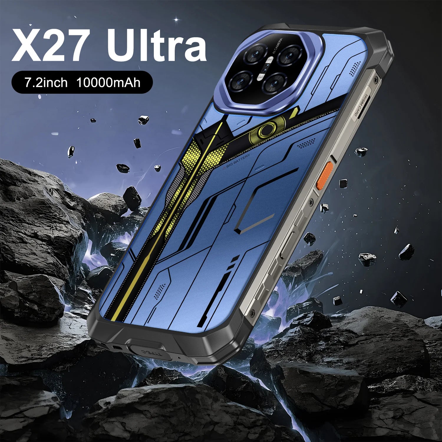 Tidesmit X27 Ultra 5G smartphone with 7.2-inch display featuring waterproof, shockproof, and NFC capabilities.