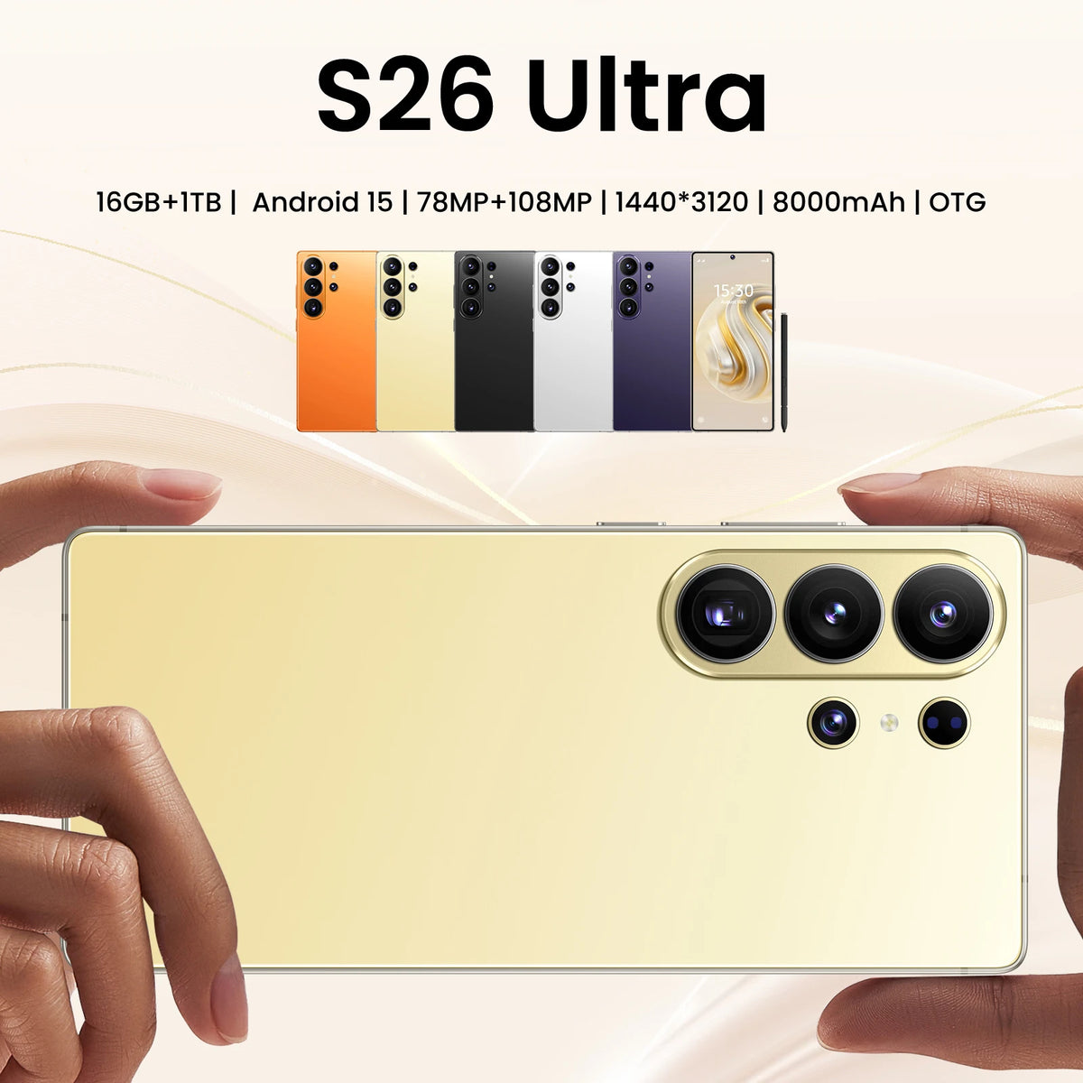 Cream smartphone back with triple cameras, held in left hand