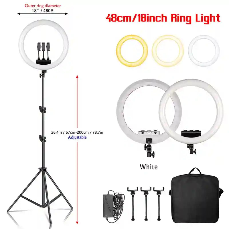 18-inch LED ring light with adjustable tripod stand, three phone mounts, power adapter, and carrying bag.