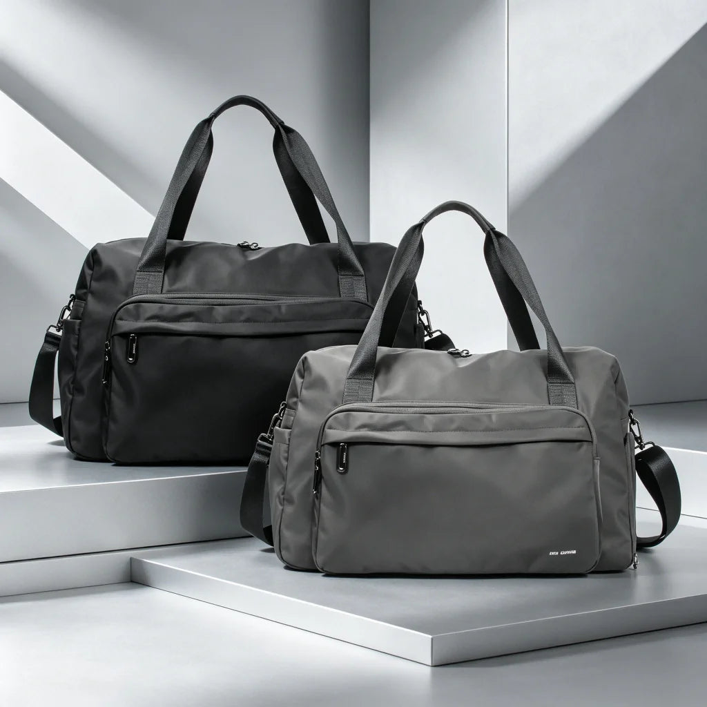 Black and grey waterproof nylon travel duffel bags with zippered pockets, dual handles, and adjustable shoulder straps.