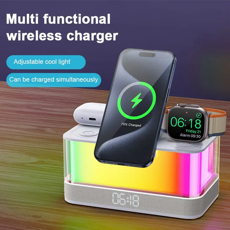 Hot Products Bedroom Multifunctional RGB Night Light Alarm Clock Mobile Phone Holder BT Speaker 6 in 1 Wireless Charger 15W Tidesmit