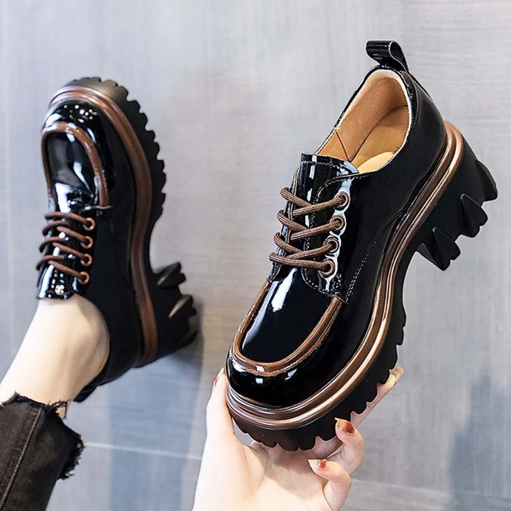2025 New Women's British Style Spring Autumn Color Blocked Fashion Thick Heel Thick Soled Height Increasing Loafers for Women
