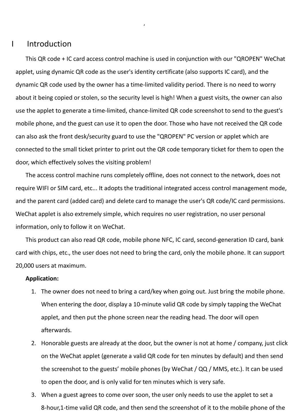 Access control card reader manual page with introduction text