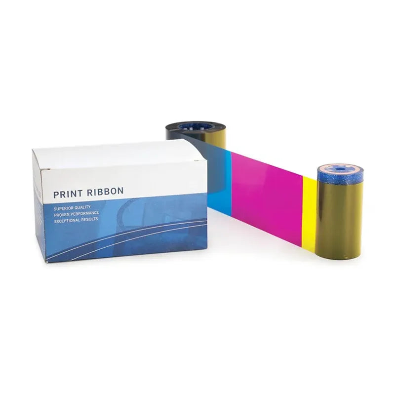 Print ribbon box with YMCKT ribbon roll and colored stripe core