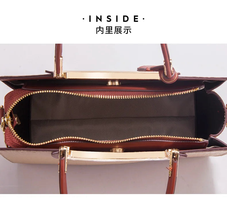 Designer trunk-style women's tote bag, brown leather, gold hardware, zipper closure, and spacious lined interior.