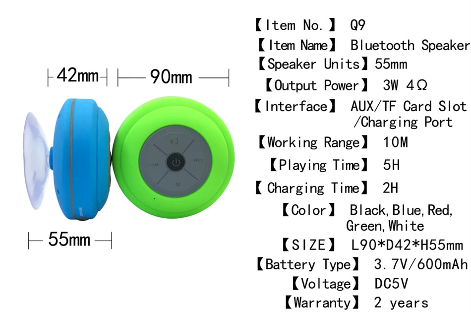 Bluetooth Speaker -Q9 Portable Outdoor LED Subwoofer Shower Music Sound Box Wireless Waterproof BT Mobile Speaker With TF/FM/AUX Splashproof