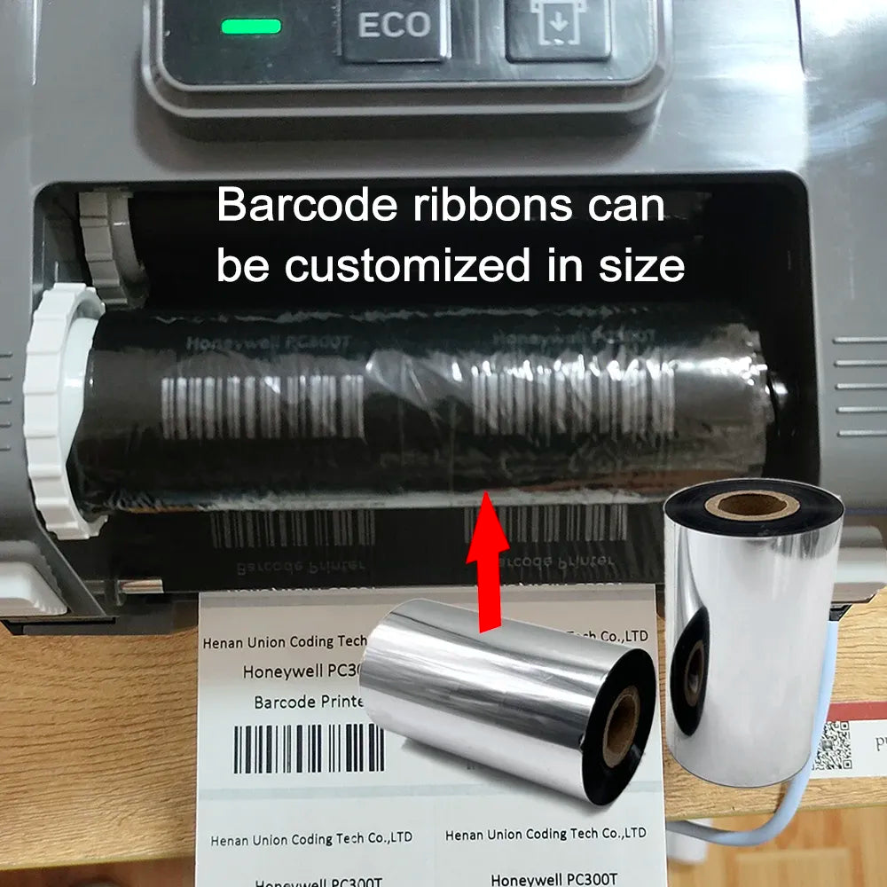 Thermal transfer ribbon rolls loaded in a barcode label printer