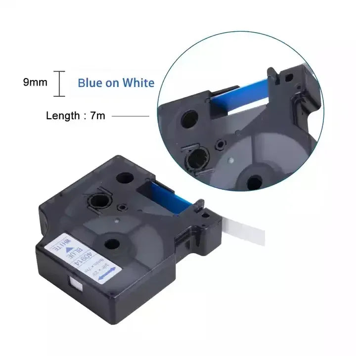 9mm x 7m label tape cassette, blue on white tape, showing tape feed area