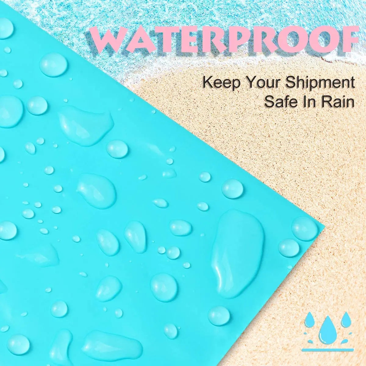 Light-blue matte poly mailer bag surface with water droplets