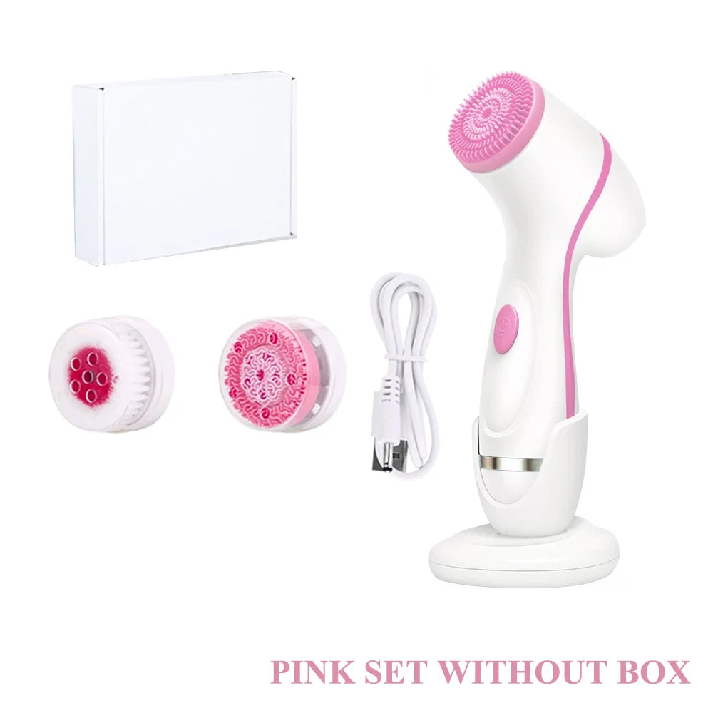 Sonic facial cleansing brush set with interchangeable heads and charging base for deep pore skin exfoliation.