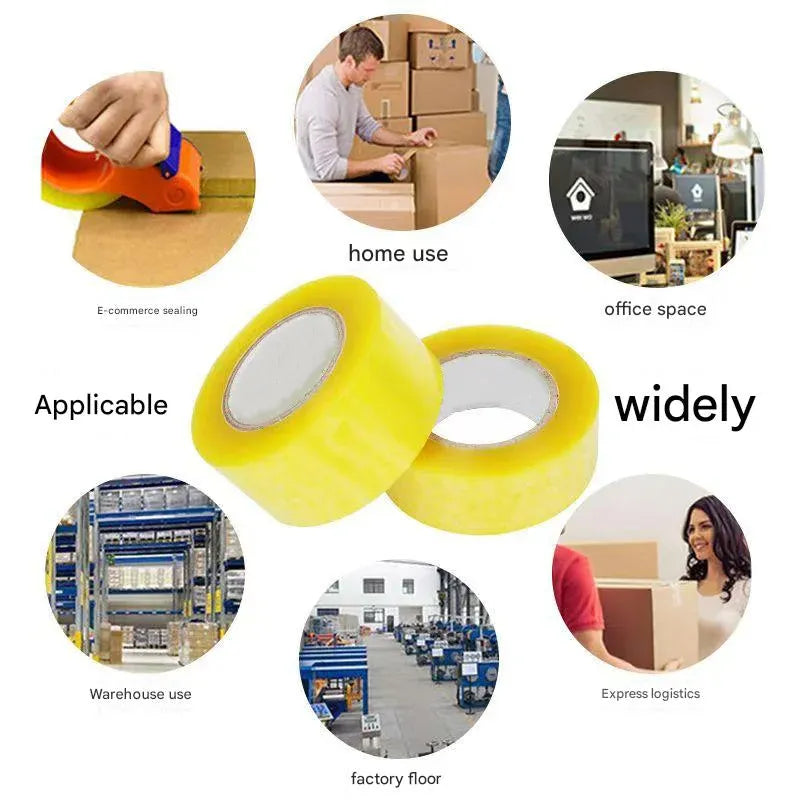 Wide yellow pressure-sensitive packing tape roll with circular use illustrations