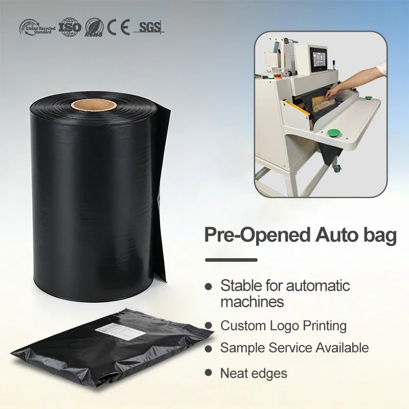 Pre-opened auto packaging bag roll, black plastic roll with sealed bag pieces