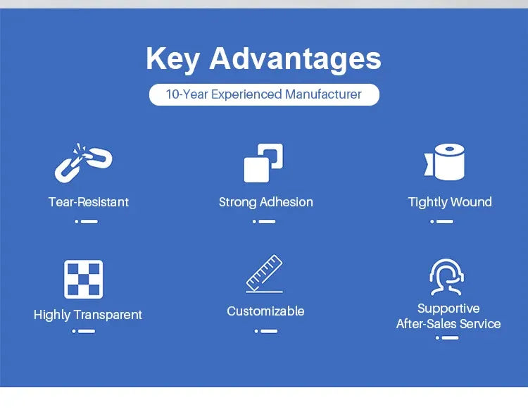 Shipping tape key advantages icons: tear-resistant, strong adhesion, tight seal