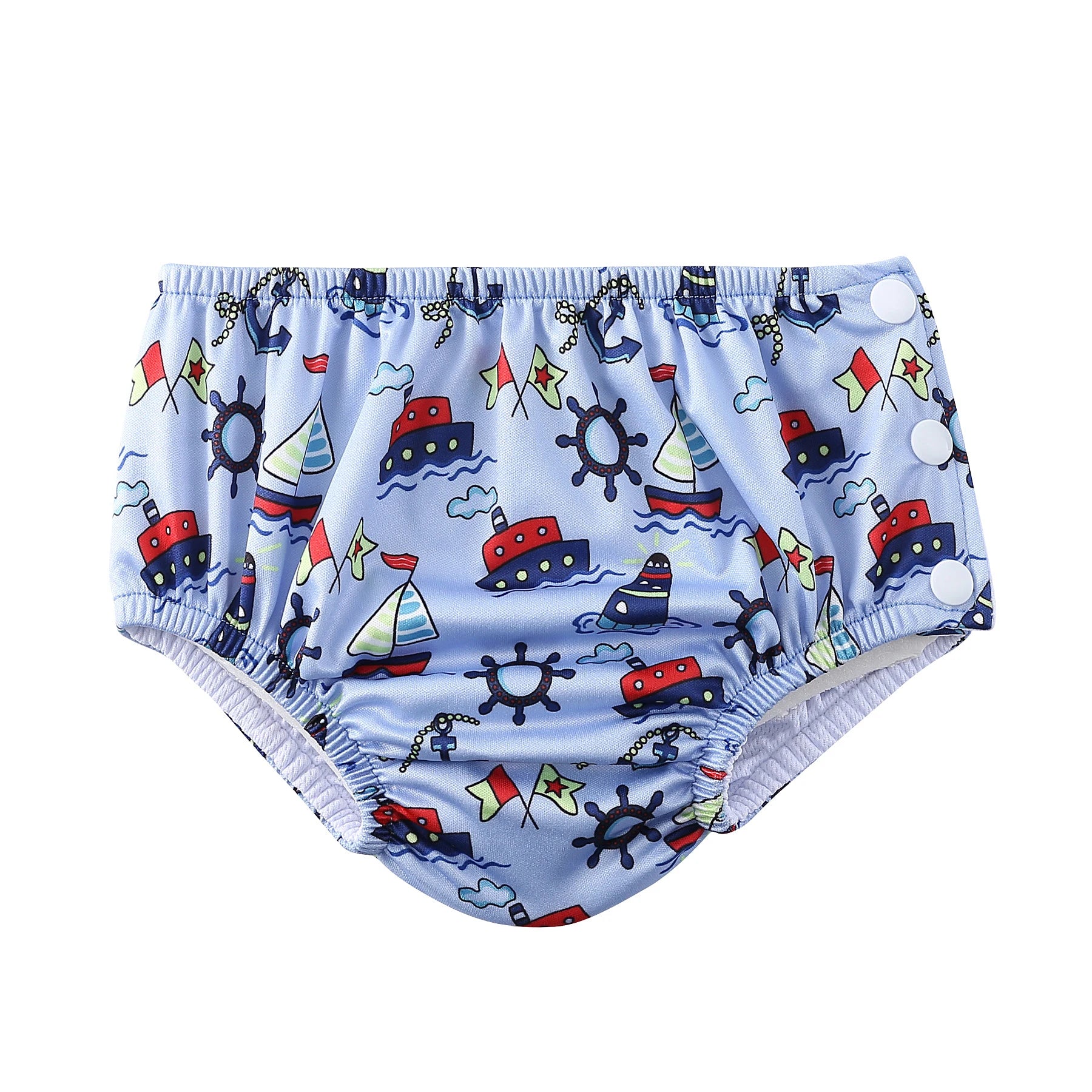 Reusable swim diaper for babies featuring a blue nautical boat and anchor print with side snap closures.