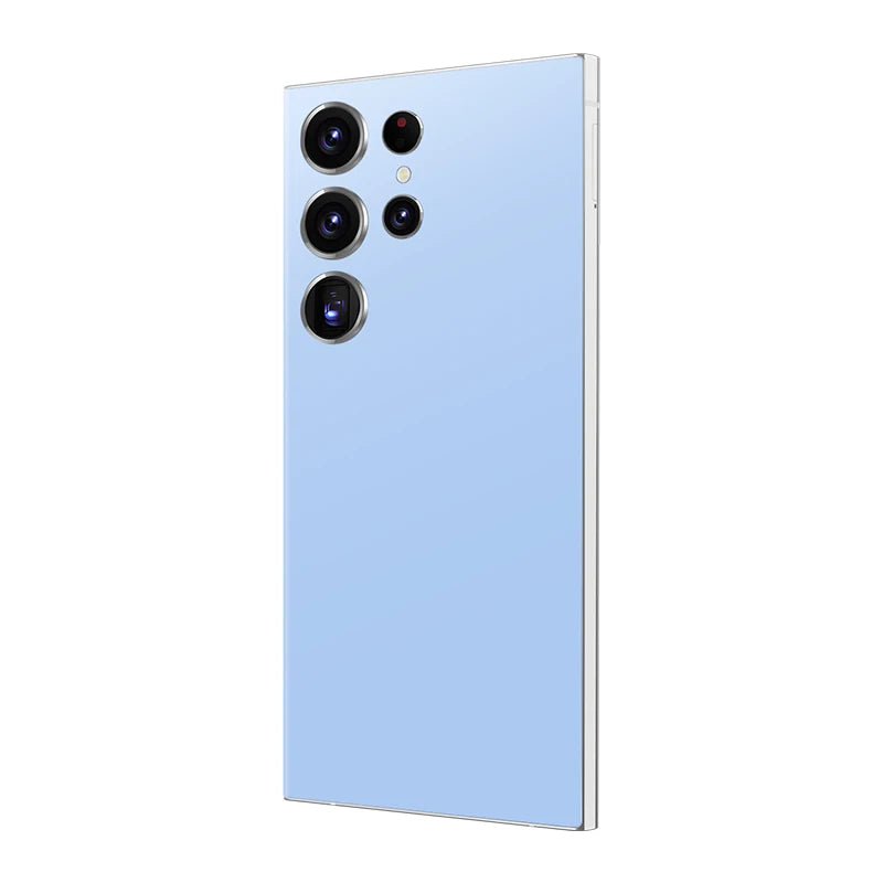 Light blue smartphone with quad rear cameras and metal frame