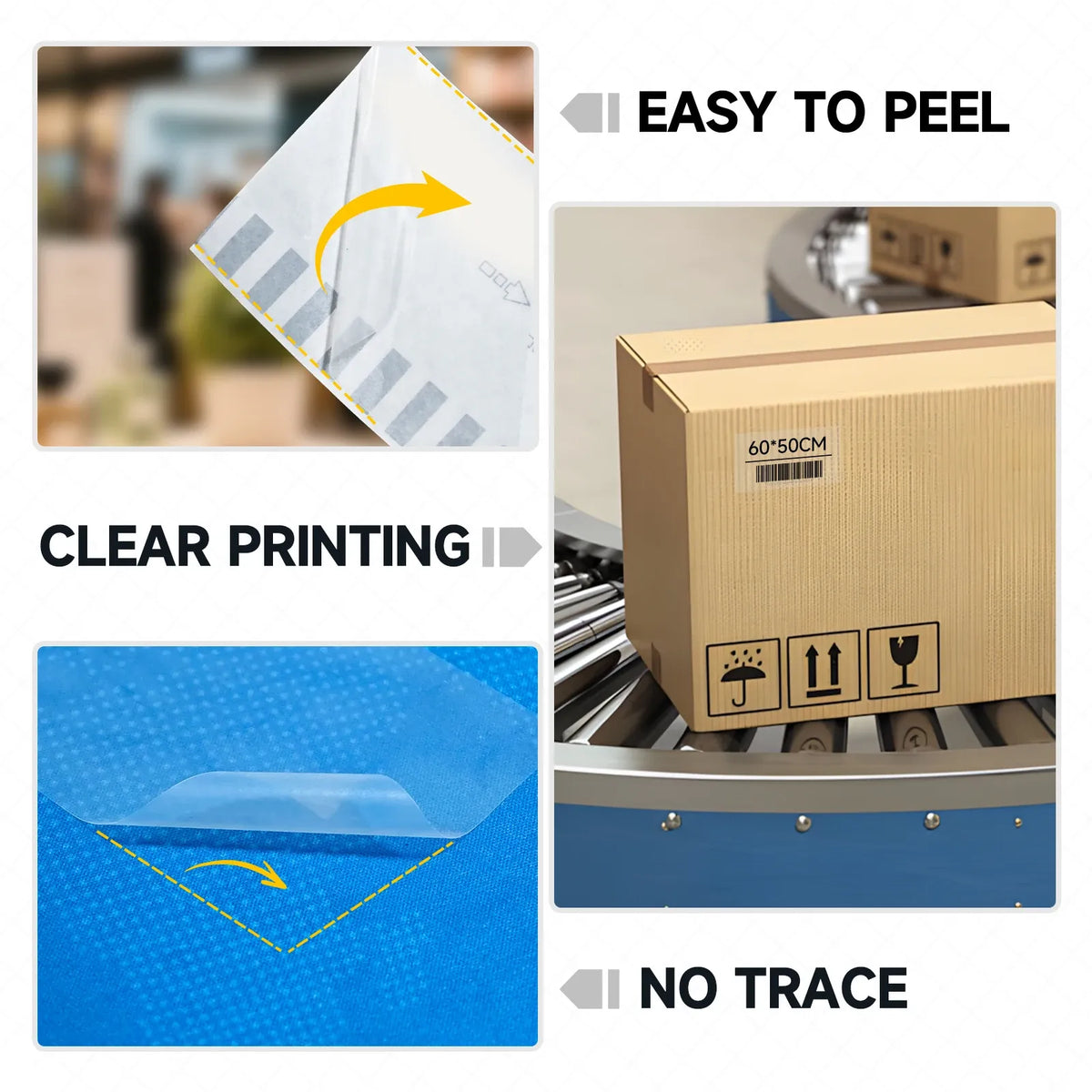 Transparent label tape material with printed sample on blue backing