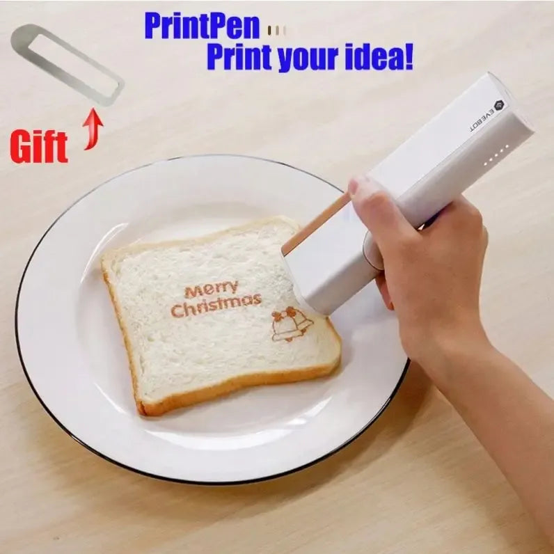 Handheld edible inkjet printer printing “Merry Christmas” on a slice of bread.