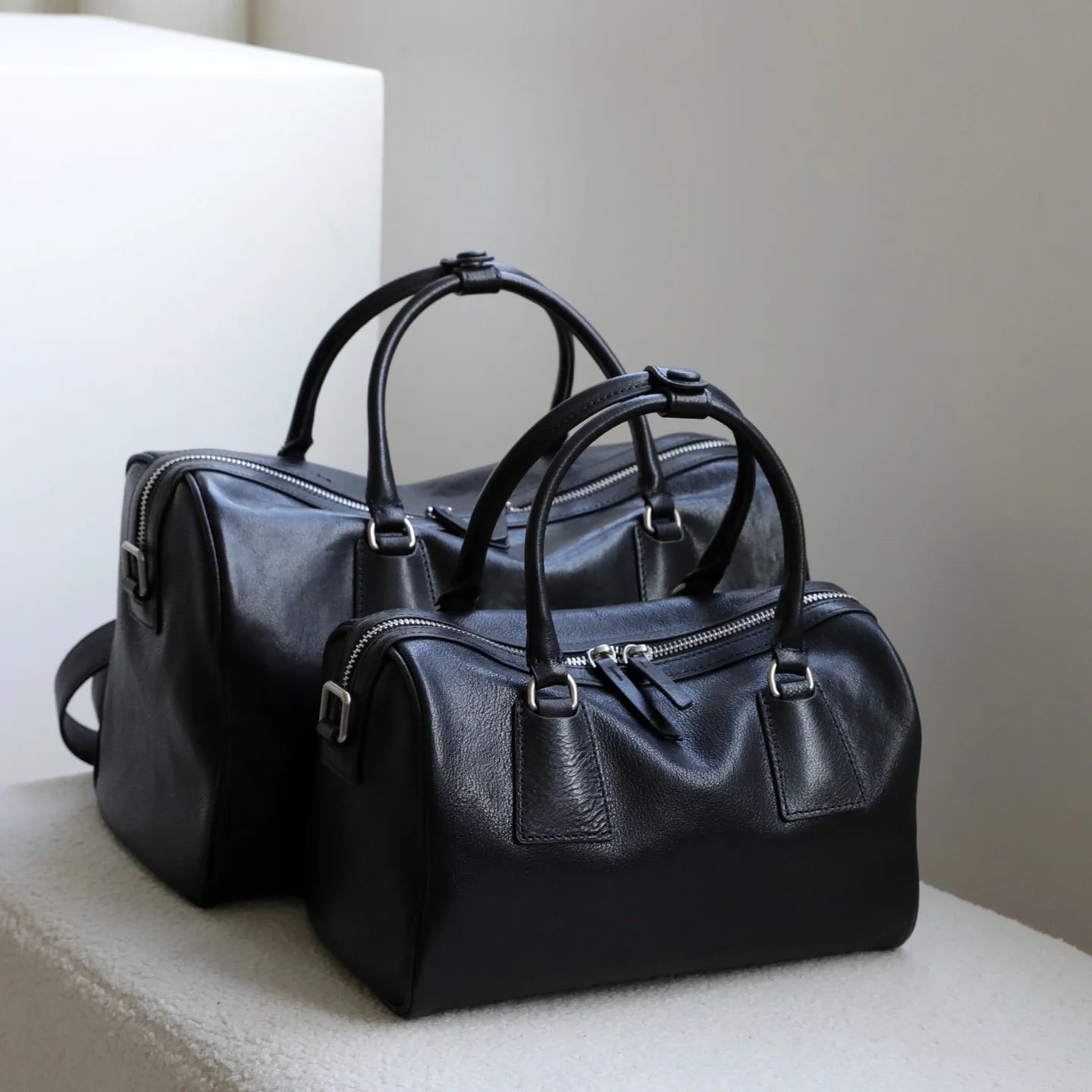 Vegetable-tanned Leather Luxury Minimalist Classic Two Zip Water Resistant Vintage Large-capacity Tote Handbag Boston Bag