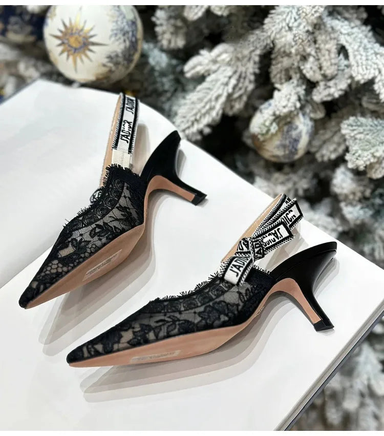 Women Shoes Sexy Stiletto Pointed Toe Transparent Mesh Embroidery Heels, Elastic Strap Evening Footwear for Club Party Occasions