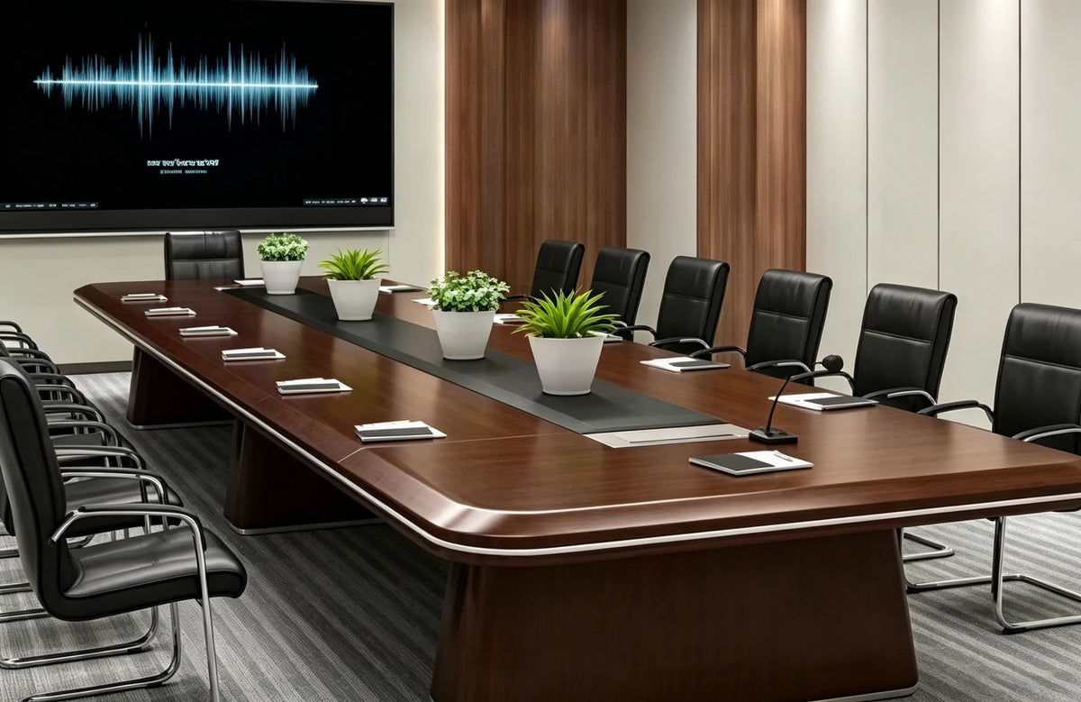 Conference room with long table, black chairs, and office monitors