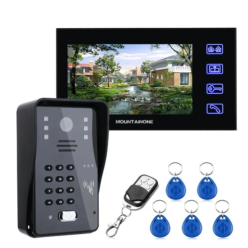 7-inch video door phone intercom kit with keypad monitor screen and blue RFID key fobs