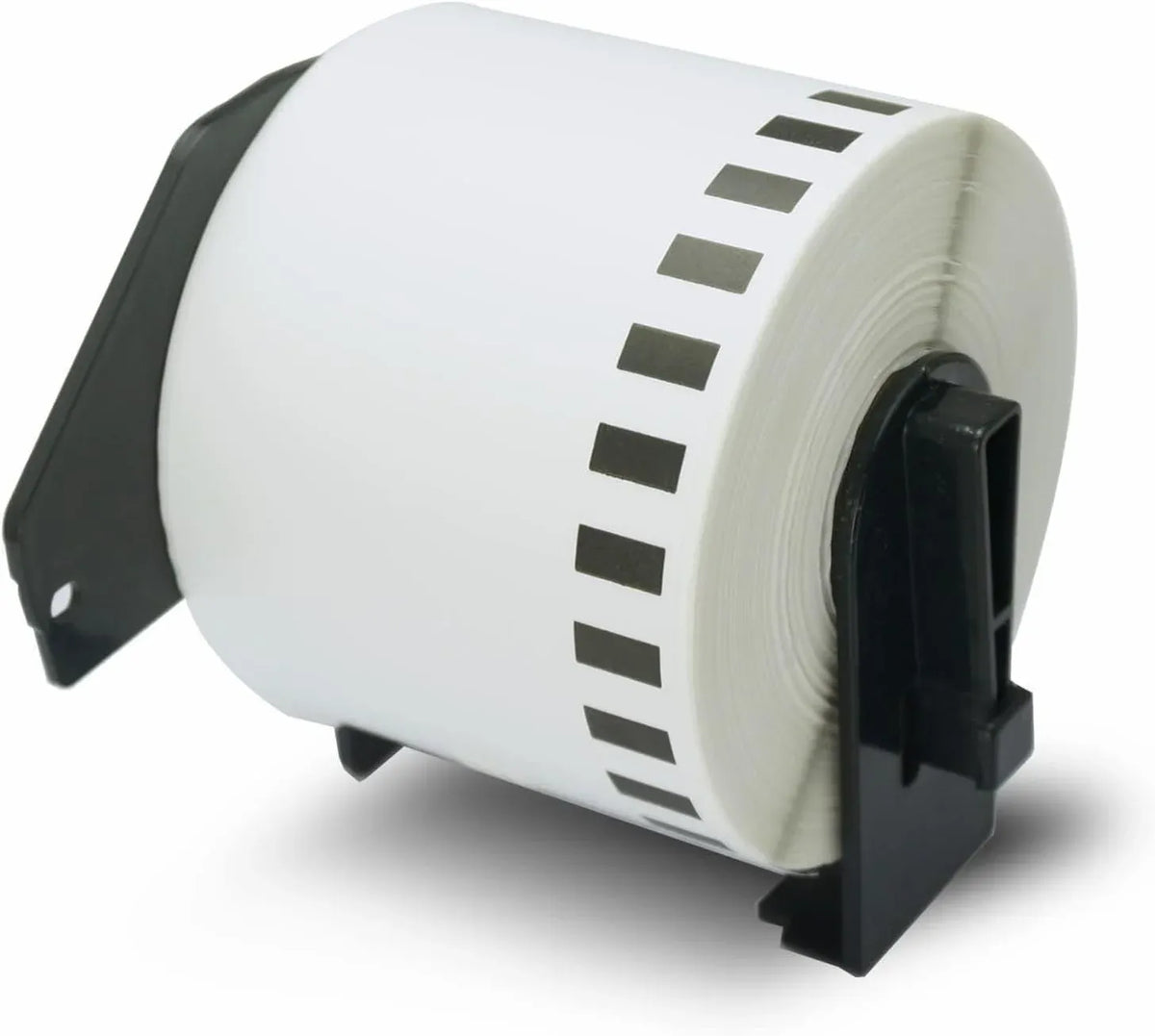 White label roll close-up with black guide marks, mounted on printer holder
