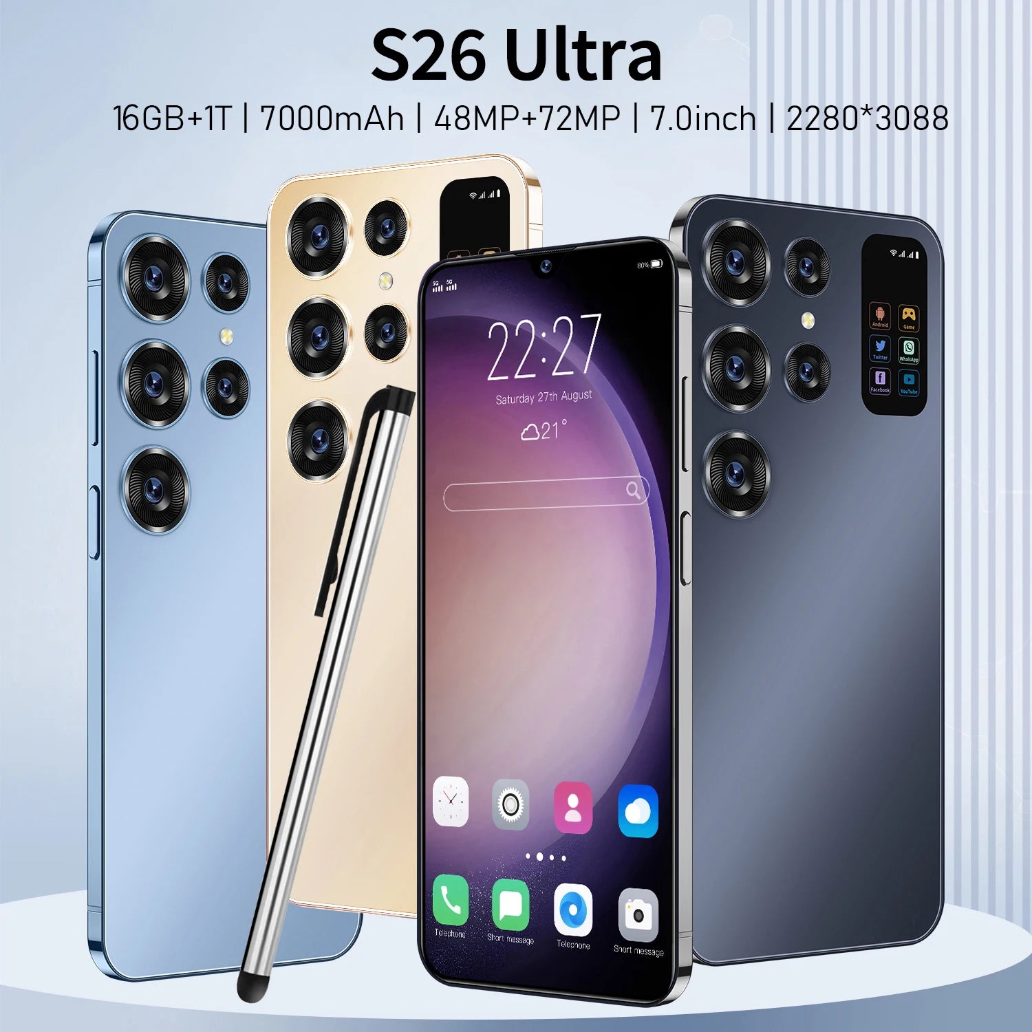 Best Selling S26 Ultra 16GB+1TB Smart Android 5G Dual SIM 3G/4G Dual Standby Unlocked HD Smartphone 108MP Rear Camera Decacore - Tidesmit