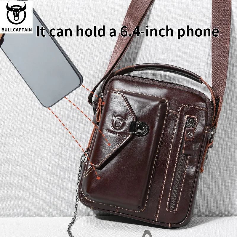 BULLCAPTAIN Genuine Cowhide Leather Men's Crossbody Bag - Vintage Top Layer Cow Leather Sling Bag, Single Shoulder Handbag