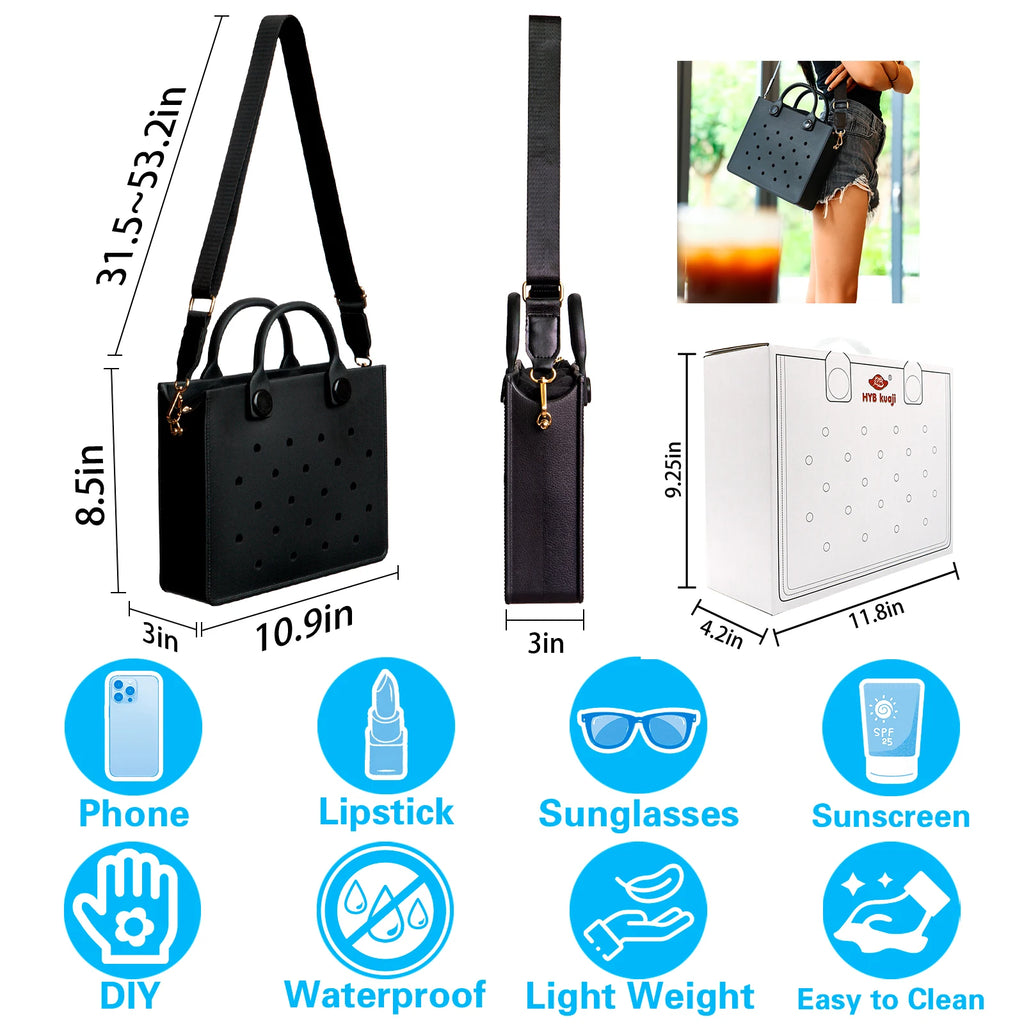 Black EVA waterproof tote bag with charm holes, shoulder strap, and DIY customization features for daily use.