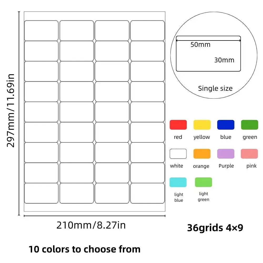 A4 sticker label sheet with 36 grid layout and adhesive backing, copperplate paper