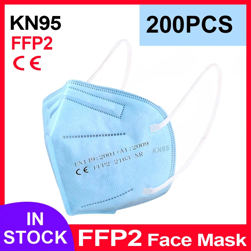 Light blue 5-layer KN95 FFP2 face mask with white elastic ear loops and textured protective fabric surface.