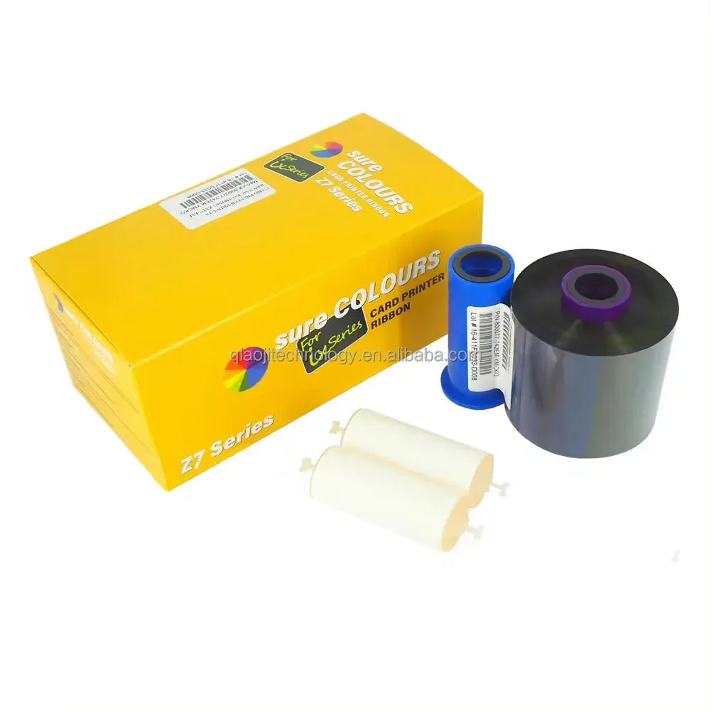 Yellow box with two color printer ribbon rolls and two white cleaning rollers