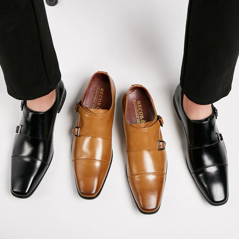 Men's Trendy Office Dress Shoes Big Size Breathable Wedding Shoes with Big Monk Strap Style Leather Style