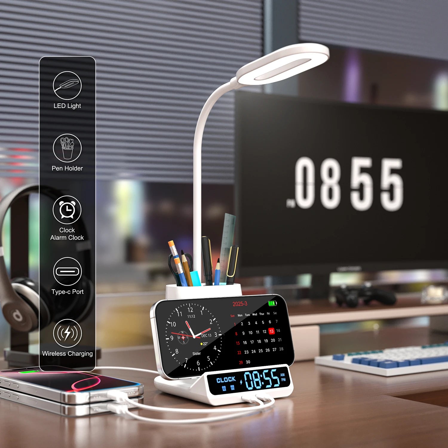 New Arrival 5-in-1 Multifunctional Wireless Charger Desk Lamp with Pen Holder Clock Display Sleek Design for Home Office Tidesmit