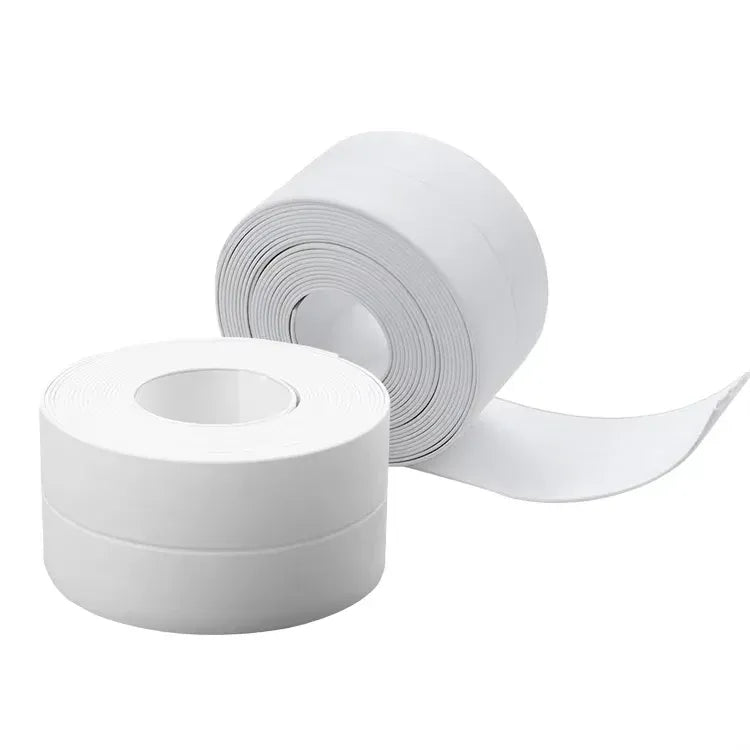 White caulk tape roll with continuous self-adhesive strip for sealing gaps