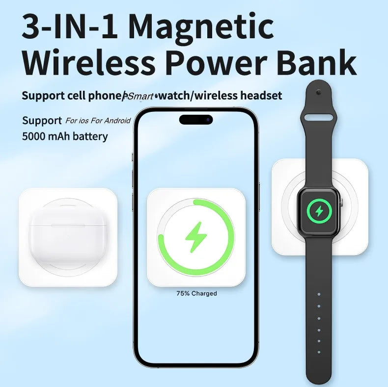 Power bank charger-Lightweight Portable 3 in 1 Magnetic Wireless Power Bank 20W Fast Charging 5000Mah PowerBank Tidesmit