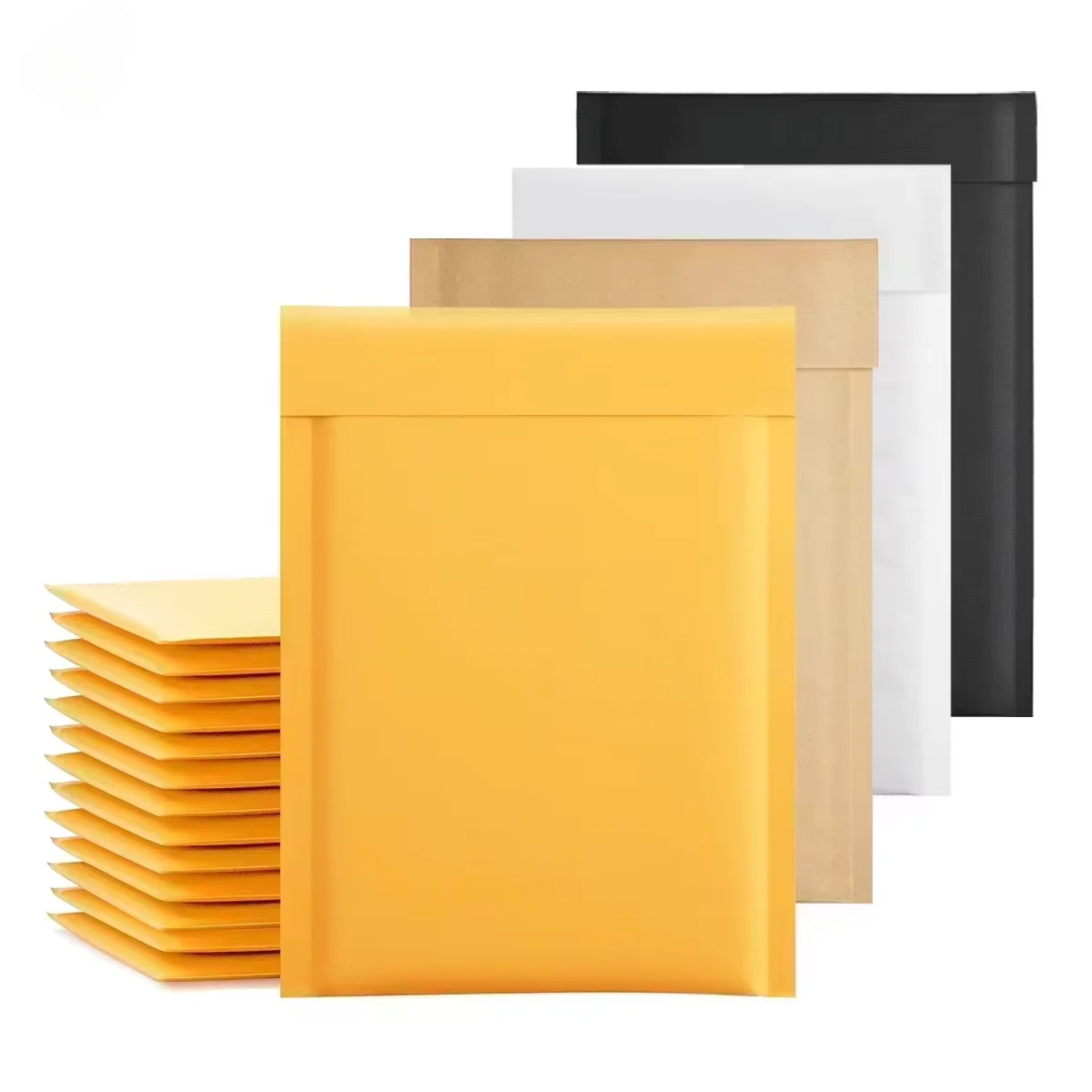 Yellow paper padded mailer envelope with flap closure, shown with stacked envelopes behind