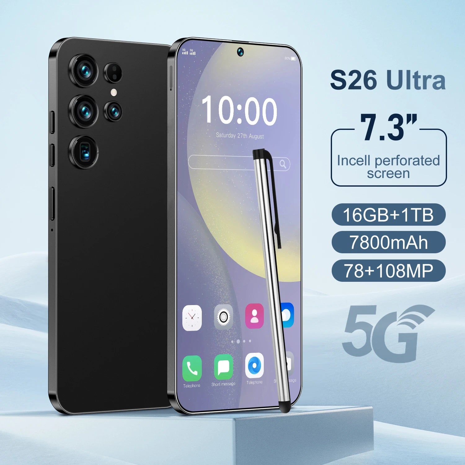 Unlocked S26 ULTRA 5G Mobile Phone 7.3 Inch Screen 108MP Camera 7800mAh Battery Dual Sim 1TB ROM Smart Features - Tidesmit