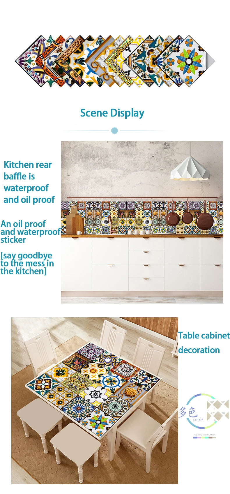 16pcs Retro Moroccan Style Tiles Kitchen Oil-poof & Waterproof Sticker Cupboard Bathroom Home Renovation Peel & Stick Wallpaper