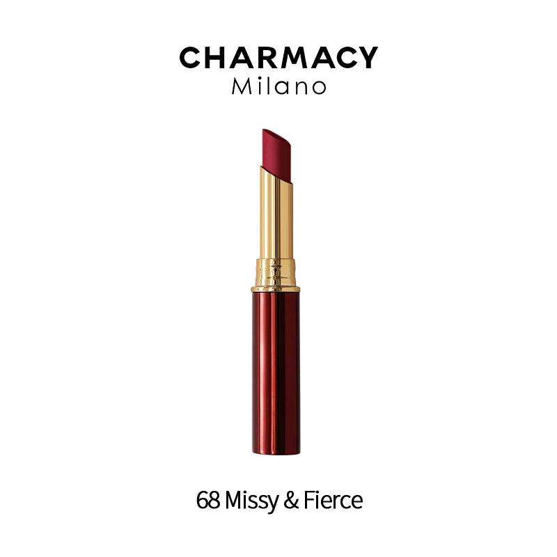 Charmacy Milano 68 Missy & Fierce long-lasting matte velvet lipstick in a sleek gold and red tube.