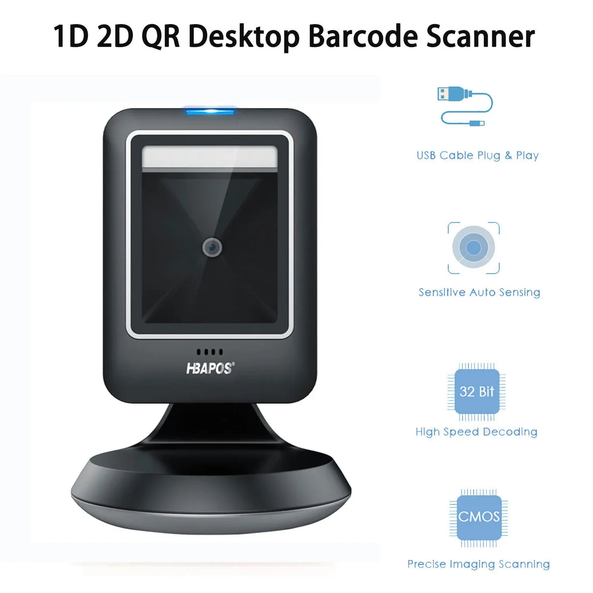 Black desktop 2D barcode scanner on stand with illuminated scan window and base