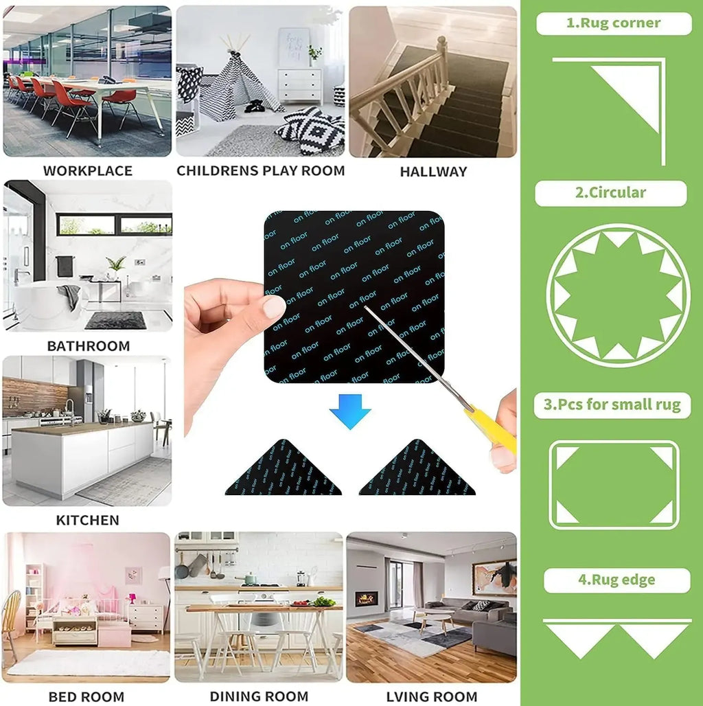 Carpet grip pad set for rug corners and edges, shown on an instruction graphic