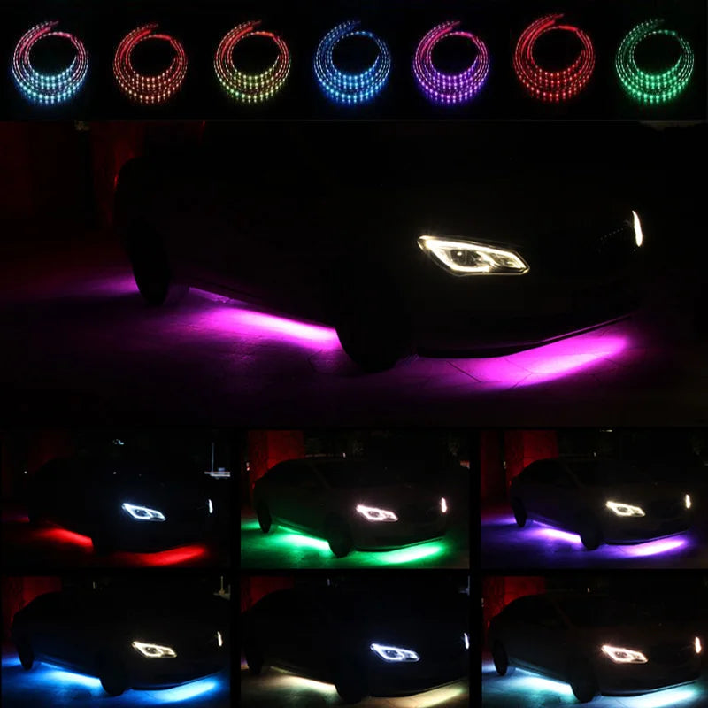 Flexible LED light strips in various colors coiled and installed as underglow lighting on a car chassis.