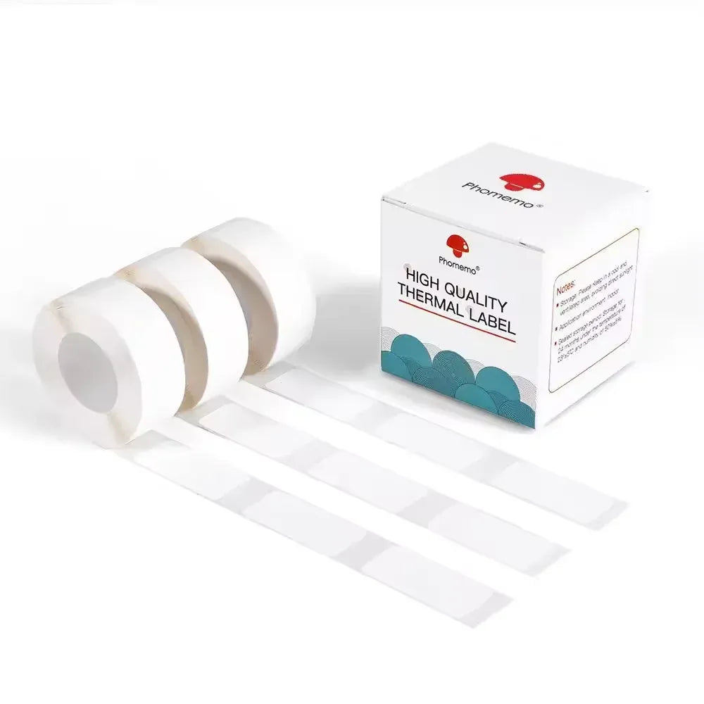 Transparent thermal label tape roll set with white label strip and product box