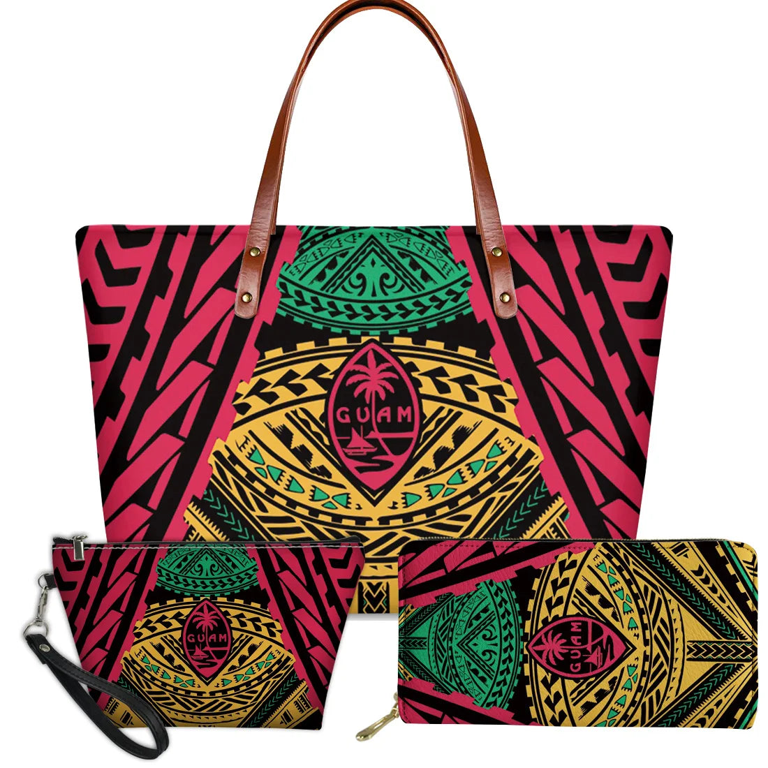 3-piece set, Guam tribal print handbags featuring turtle and floral patterns, vibrant multicolor leather tote and purse.