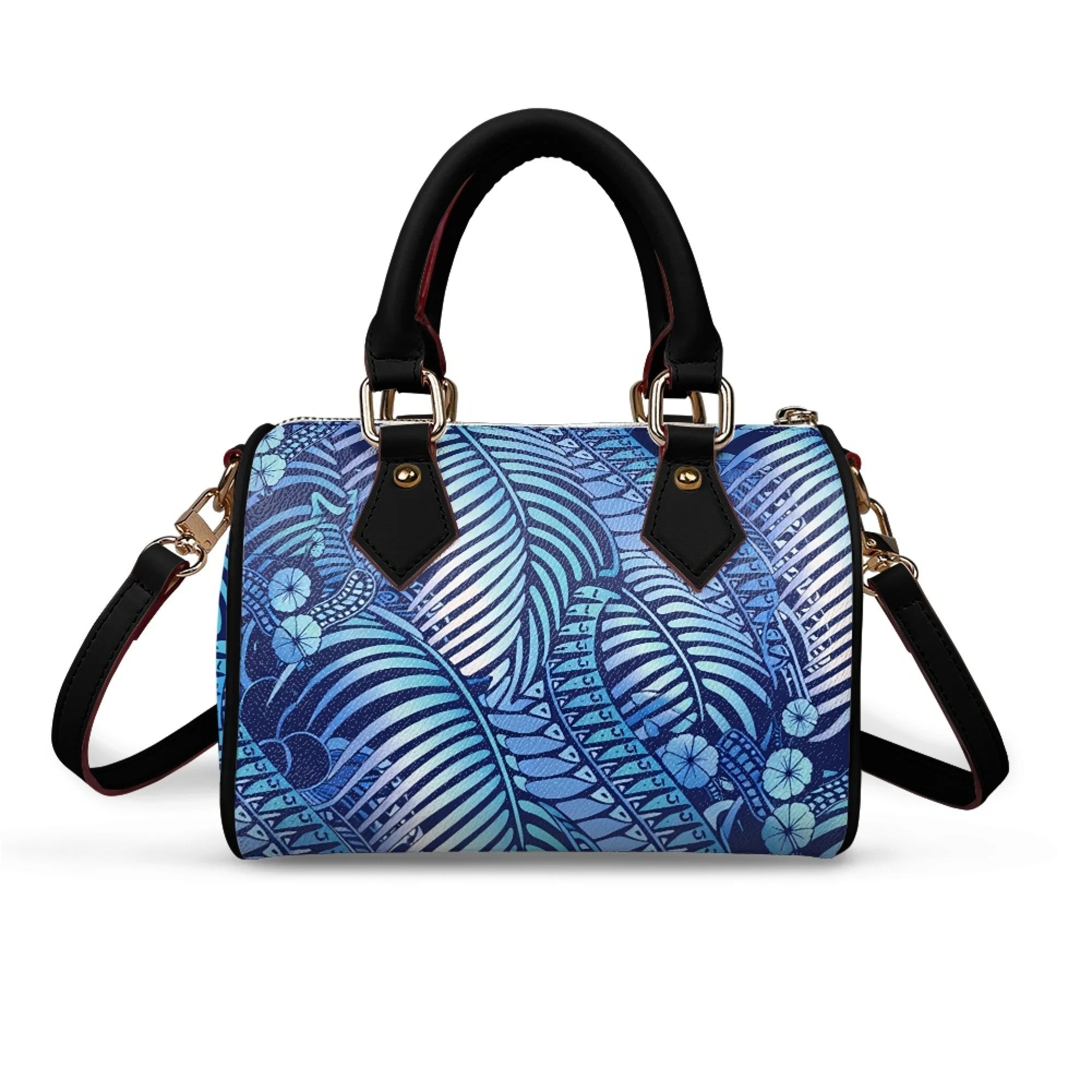 Blue tribal print pillow-shaped handbag with black top handles, gold hardware, and detachable shoulder strap. Trunk.