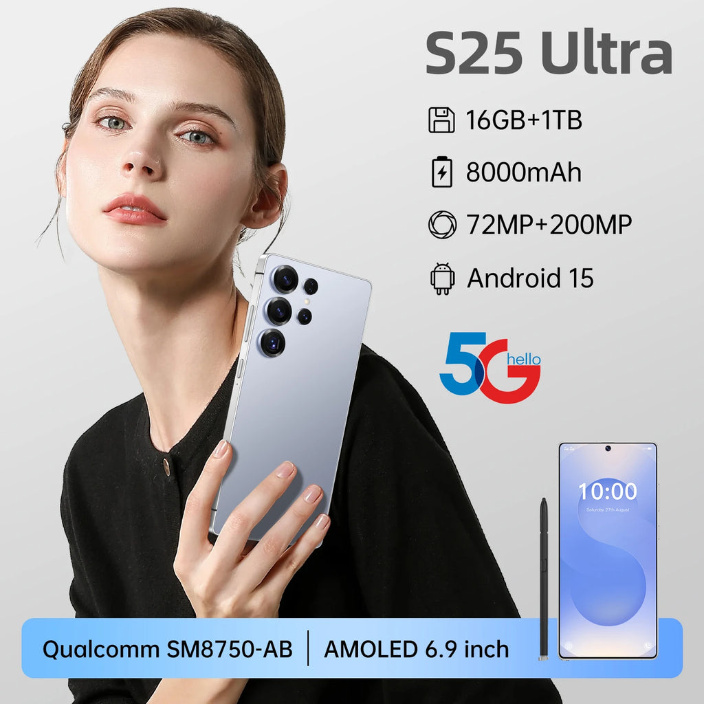 S25 Ultra 5G smartphone with 16GB RAM, 1TB storage, 108MP camera, and 8000mAh battery in grey color.